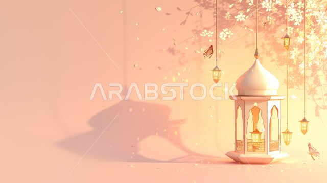 الأجواء الروحانية والاحتفال بالمناسبات والأعياد الدينية الاسلامية، ديكورات وزينة رمضان المبارك, صورة مقربة لفوانيس معدنية تقليدية مضيئة, البهجة بقدوم شهر الخير، تحف واكسسوارت متميزة، خلفية بيج