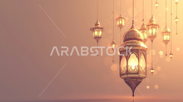 الأجواء الروحانية والاحتفال بالمناسبات والأعياد الدينية الاسلامية، ديكورات وزينة رمضان المبارك, صورة مقربة لفوانيس معدنية تقليدية مضيئة, البهجة بقدوم شهر الخير، تحف واكسسوارت متميزة، خلفية بيج