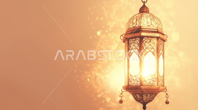 فانوس معلق عربي تقليدي معدني مع فروع الاشجار، إضاءة وزينة شهر رمضان، الإحتفال والبهجه بقدوم شهر رمضان، ديكورات وأنوار، اجواء رمضانية رائعه، الاستعداد لدخول شهر رمضان المبارك، خلفية بيج