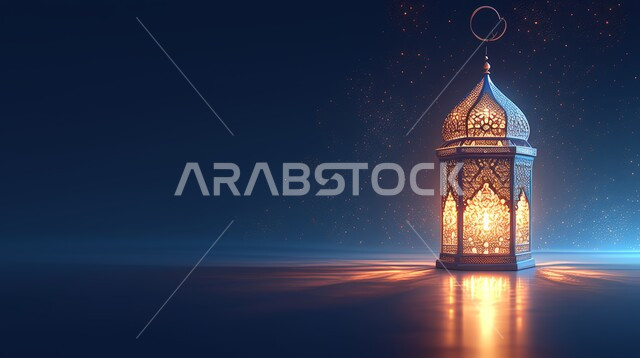 الزينة والاكسسوارات العربية والفن الإسلامي، تحف اسلامية تقليدية للاحتفال بقدوم شهر الخير، فانوس معدني مزخرف مضيء، أنوار وديكورات في الأجواء الرمضانية الروحانية، خلفية ملونة