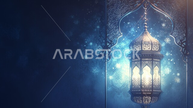 الزينة والاكسسوارات العربية والفن الإسلامي، تحف اسلامية تقليدية للاحتفال بقدوم شهر الخير، فانوس معلق معدني مزخرف مضيء، أنوار وديكورات في الأجواء الرمضانية الروحانية، خلفية ملونة