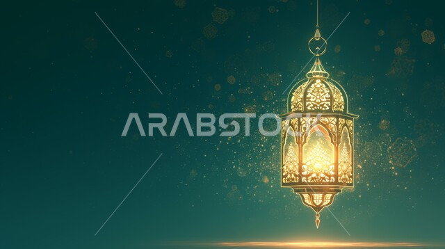 الزينة والاكسسوارات العربية والفن الإسلامي، تحف اسلامية تقليدية للاحتفال بقدوم شهر الخير، فانوس معلق معدني مزخرف مضيء، أنوار وديكورات في الأجواء الرمضانية الروحانية، خلفية خضراء
