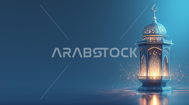 الزينة والاكسسوارات العربية والفن الإسلامي، تحف اسلامية تقليدية للاحتفال بقدوم شهر الخير، فانوس معدني مزخرف مضيء، أنوار وديكورات في الأجواء الرمضانية الروحانية، خلفية ملونة