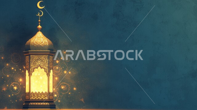 تحف اسلامية تقليدية للاحتفال بقدوم شهر الخير، فانوس معدني مزخرف مضيء، الزينة والاكسسوارات العربية والفن الإسلامي، أنوار وديكورات في الأجواء الرمضانية الروحانية ، خلفية ملونة
