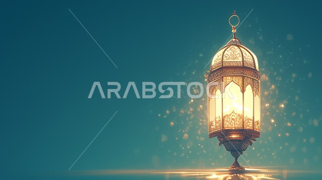 فانوس معدني مزخرف مضيء، تحف اسلامية تقليدية للاحتفال بقدوم شهر الخير، الزينة والاكسسوارات العربية والفن الإسلامي، أنوار وديكورات في الأجواء الرمضانية الروحانية، خلفية ملونة