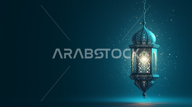 فانوس معلق معدني مزخرف مضيء، تحف اسلامية تقليدية للاحتفال بقدوم شهر الخير، الزينة والاكسسوارات العربية والفن الإسلامي، أنوار وديكورات في الأجواء الرمضانية الروحانية، خلفية ملونة