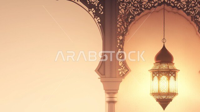 فانوس معلق عربي تقليدي معدني، إضاءة وزينة شهر رمضان، الإحتفال والبهجه بقدوم شهر رمضان، ديكورات وأنوار، اجواء رمضانية رائعه، الاستعداد لدخول شهر رمضان المبارك، خلفية بيج