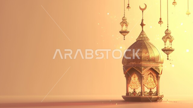 فوانيس معلقة عربية تقليدية معدنية، إضاءة وزينة شهر رمضان، الإحتفال والبهجه بقدوم شهر رمضان، ديكورات وأنوار و اجواء رمضانية رائعه، الاستعداد لدخول شهر رمضان المبارك، خلفية بيج