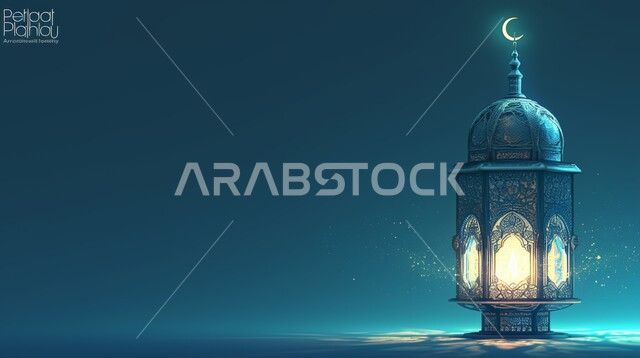 فانوس معدني مزخرف مضيء، تحف اسلامية تقليدية للاحتفال بقدوم شهر الخير، الزينة والاكسسوارات العربية والفن الإسلامي، أنوار وديكورات في الأجواء الرمضانية الروحانية، خلفية ملونة