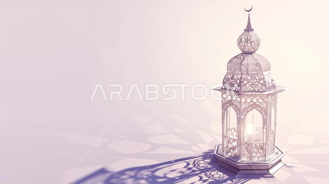 Traditional Arabic metal decorative lantern, lighting and decorations for the month of Ramadan, celebration and joy of the coming of the month of Ramadan, decorations and lights, wonderful Ramadan atmosphere, preparing to enter the holy month of Ramadan, white background
