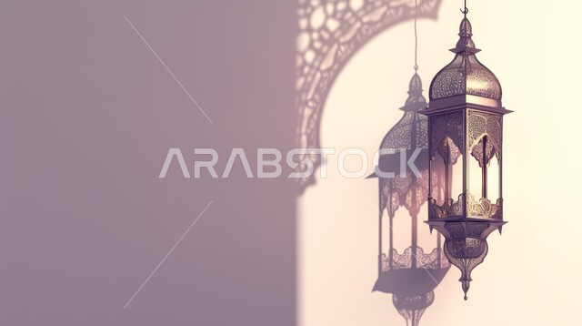 Traditional Arabic metal hanging lantern, lighting and decorations for the month of Ramadan, celebration and joy of the advent of the month of Ramadan, decorations and lights, wonderful Ramadan atmosphere, preparing to enter the blessed month of Ramadan, beige background