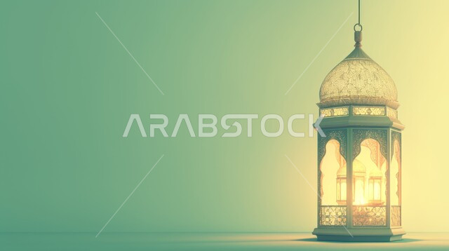 Luminous decorative metal lantern, traditional Islamic antiques to celebrate the coming of the month of goodness, Arabic decorations and accessories, Islamic art, lights and decorations in the spiritual Ramadan atmosphere, beige background