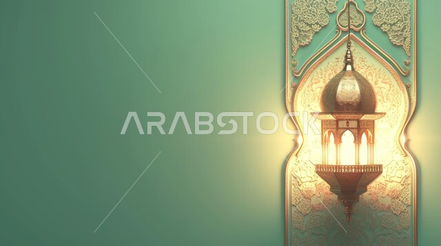 Luminous decorative metal lantern, traditional Islamic antiques to celebrate the coming of the month of goodness, Arabic decorations and accessories, Islamic art, lights and decorations in the spiritual Ramadan atmosphere, beige background