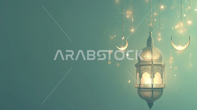 Luminous decorative metal lantern, traditional Islamic antiques to celebrate the coming of the month of goodness, Arabic decorations and accessories, Islamic art, lights and decorations in the spiritual Ramadan atmosphere, beige background
