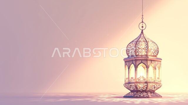 فانوس معدني مزخرف مضيء، تحف اسلامية تقليدية للاحتفال بقدوم شهر الخير، الزينة والاكسسوارات العربية والفن الإسلامي، أنوار وديكورات في الأجواء الرمضانية الروحانية ، خلفية بيج