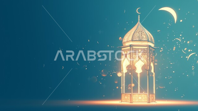 أنوار وديكورات في الأجواء الرمضانية الروحانية، الزينة والاكسسوارات العربية والفن الإسلامي، تحف اسلامية تقليدية للاحتفال بقدوم شهر الخير، فانوس معدني مزخرف مضيء، خلفية ملونة