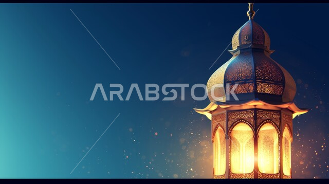 أنوار وديكورات في الأجواء الرمضانية الروحانية، الزينة والاكسسوارات العربية والفن الإسلامي، تحف اسلامية تقليدية للاحتفال بقدوم شهر الخير، فانوس معدني مزخرف مضيء، خلفية زرقاء