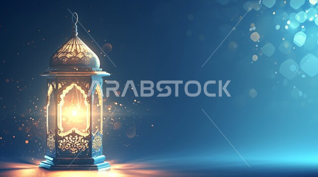 Lights and decorations in the spiritual Ramadan atmosphere, Arabic decorations and accessories, Islamic art, traditional Islamic antiques to celebrate the coming of the month of goodness, a illuminated decorative metal lantern.