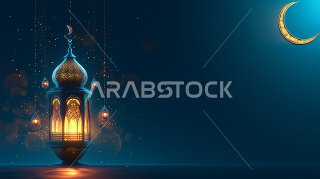 Lights and decorations in the spiritual Ramadan atmosphere, Arabic decorations and accessories, Islamic art, traditional Islamic antiques to celebrate the coming of the month of goodness, a luminous decorative metal hanging lantern, blue background