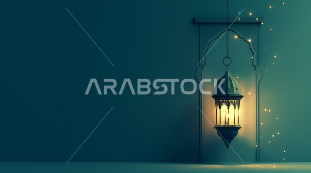 الزينة والاكسسوارات العربية والفن الإسلامي، أنوار وديكورات في الأجواء الرمضانية الروحانية، تحف اسلامية تقليدية للاحتفال بقدوم شهر الخير، فانوس معلق معدني مزخرف مضيء، خلفية خضراء