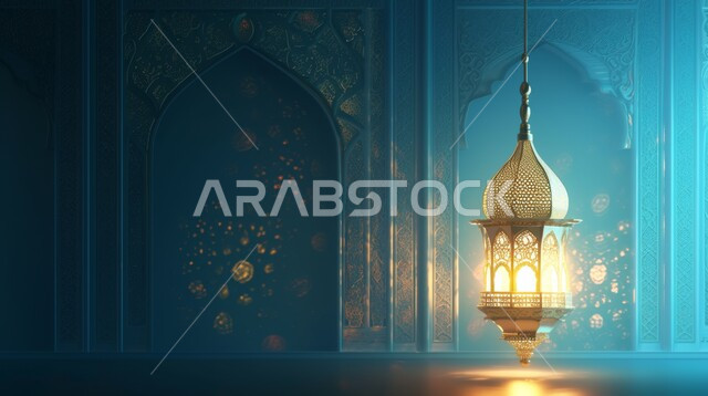 Lights and decorations in the spiritual Ramadan atmosphere, Arabic decorations and accessories, Islamic art, traditional Islamic antiques to celebrate the coming of the month of goodness, a luminous decorative metal hanging lantern, blue background