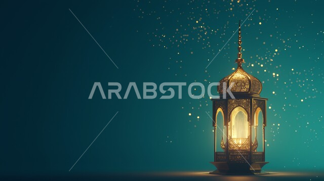 الزينة والاكسسوارات العربية والفن الإسلامي، أنوار وديكورات في الأجواء الرمضانية الروحانية، تحف اسلامية تقليدية للاحتفال بقدوم شهر الخير، فانوس معدني مزخرف مضيء، خلفية ملونة