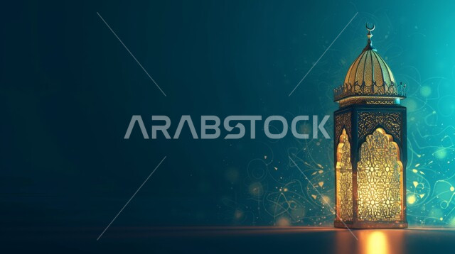 الزينة والاكسسوارات العربية والفن الإسلامي، أنوار وديكورات في الأجواء الرمضانية الروحانية، تحف اسلامية تقليدية للاحتفال بقدوم شهر الخير، فانوس معدني مزخرف مضيء، خلفية ملونة