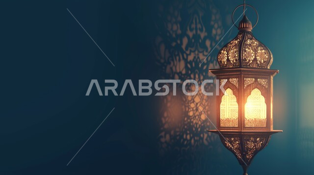 الزينة والاكسسوارات العربية والفن الإسلامي، أنوار وديكورات في الأجواء الرمضانية الروحانية، تحف اسلامية تقليدية للاحتفال بقدوم شهر الخير، فانوس معلق معدني مزخرف مضيء، خلفية ملونة
