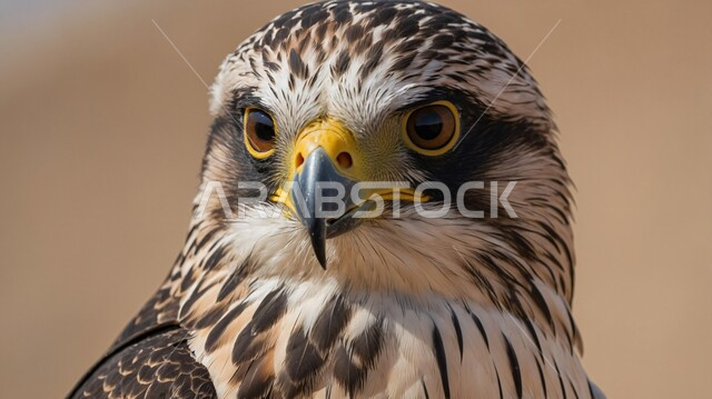 Sharp eyesight and a symbol of strength and challenge, training and taming birds of prey and predators, the Falcon Club’s establishment in the annual hunting season in the Kingdom of Saudi Arabia, pride in the ancient Saudi heritage in raising the falcon, a close-up photo of the falcon’s face in one of the nature reserves