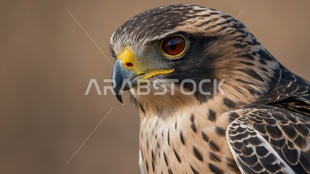 حدة البصر و رمز القوة والتحدي، تدريب وترويض الطيور الجارحة والمفترسة، إقامة نادي الصقور في موسم الصيد السنوي في المملكة العربية السعودية، الفخر بالتراث السعودي العريق في تربية طائر الصقر، صورة مقربة لوجه طائر الصقر في إحدى المحميات الطبيعية