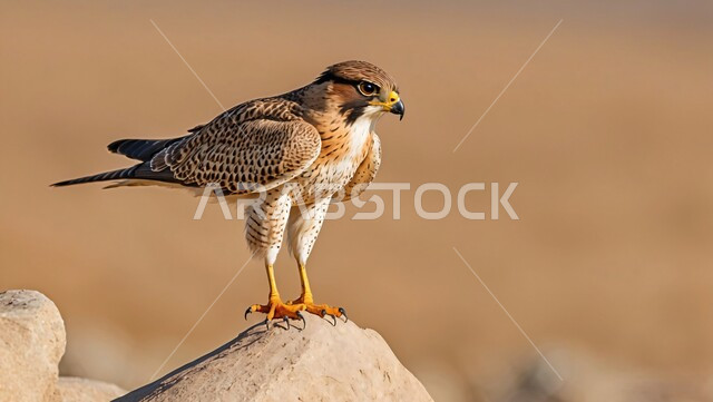  طائر الصقر يقف على صخرة في إحدى المحميات الطبيعية، حدة البصر و رمز القوة والتحدي، تدريب وترويض الطيور الجارحة والمفترسة، إقامة نادي الصقور في موسم الصيد السنوي في المملكة العربية السعودية، الفخر بالتراث السعودي العريق في تربية طائر الصقر