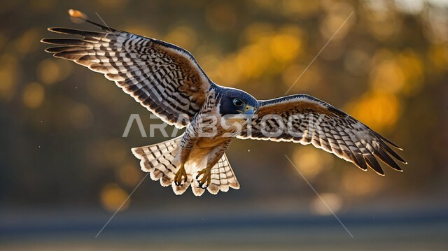 طائر الصقر يحلق في إحدى المحميات الطبيعيه، رمز القوة والتحدي وحدة البصر، ترويض وتدريب الطيور الجارحة والمفترسة، إقامة نادي الصقور في موسم الصيد السنوي في المملكة العربية السعودية، الفخر بالتراث السعودي العريق في تربية طائر الصقر