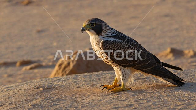  طائر الصقر يقف على صخرة في إحدى المحميات الطبيعية، حدة البصر و رمز القوة والتحدي، تدريب وترويض الطيور الجارحة والمفترسة، إقامة نادي الصقور في موسم الصيد السنوي في المملكة العربية السعودية، الفخر بالتراث السعودي العريق في تربية طائر الصقر