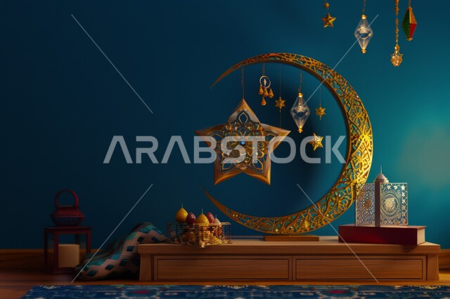 Traditional lanterns and antiques to celebrate the arrival of the holy month of Ramadan, Ramadan decorations and ornaments, hanging golden lamps with a decorative model of the crescent moon of the month of goodness, Islamic art for Arabic accessories, Islamic designs and backgrounds for congratulating holidays and occasions