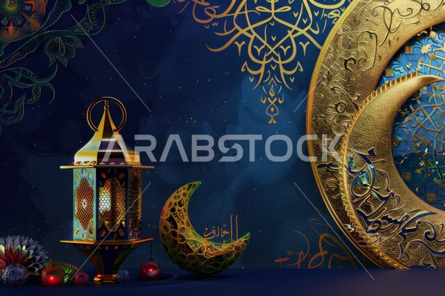 الزينة والديكورات الرمضانية, تحف وفوانيس تقليدية للاحتفال بقدوم شهر رمضان المبارك، مصابح ذهبية معلقة مع مجسم مزخرف لهلال شهر الخير، الفن الاسلامي للاكسسوارات العربية، تصاميم وخلفيات تهنئة بالأعياد والمناسبات إسلامية 
