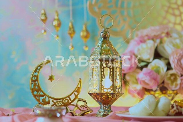 الزينة والديكورات الرمضانية, تحف وفوانيس تقليدية للاحتفال بقدوم شهر رمضان المبارك، مصابح ذهبية معلقة مع مجسم مزخرف لهلال شهر الخير، الفن الاسلامي للاكسسوارات العربية، تصاميم وخلفيات تهنئة بالأعياد والمناسبات إسلامية 
