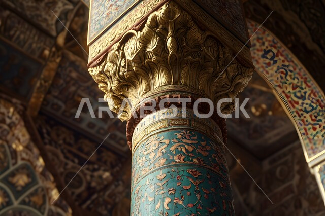  التصاميم والديكورات الداخلية الأنيقة للمساجد، صورة مقربة للنقوش والزخارف على الاعمدة والاقواس على الطراز الاسلامي، الفن الهندسي المعماري لمسجد عربي عريق، مفهوم العبادة والتقرب إلى الله تعالى