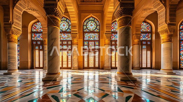  الفن الهندسي المعماري لمسجد عربي عريق، مفهوم العبادة والتقرب إلى الله تعالى، التصاميم والديكورات الداخلية الأنيقة للمساجد، النقوش والزخارف للاعمدة والاقواس على الطراز الاسلامي