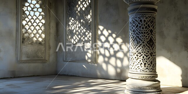 خلفية جدارية على الطراز المعماري الإسلامي، الفن الهندسي العصري الحديث، زخارف معمارية عربية مرسومة على شكل اقواس على جدار من الطوب للمسجد، زخارف ملونة على الطراز الاسلامي, تصاميم وديكورات دينية