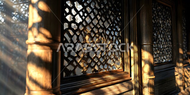 خلفية جدارية على الطراز المعماري الإسلامي، الفن الهندسي العصري الحديث، زخارف معمارية عربية مرسومة على شكل اقواس على جدار من الطوب للمسجد، زخارف ملونة على الطراز الاسلامي, تصاميم وديكورات دينية