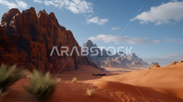 Wadi Rum in the city of Tabuk during the day, desert environment, mountain peaks and heights, natural tourist places in the Kingdom of Saudi Arabia, rock formations and formations in the Hasma Desert, nature background