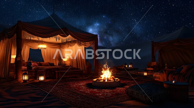 أجواء التخييم الشبابية الممتعه، الطبيعة والرمال الذهبية الناعمة، منظر السماء المرصعة بالنجوم ليلا، أجواء ليلية هادئة أمام شعلة الحطب في الصحراء، أماكن المغامرات والكشتات البرية، مخيمات سياحية في صحاري المملكة العربية السعودية