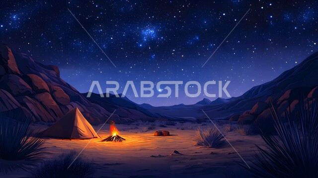 أجواء ليلية هادئة أمام شعلة الحطب في الصحراء، أماكن المغامرات والكشتات البرية، مخيمات سياحية في صحاري المملكة العربية السعودية، أجواء التخييم الشبابية الممتعه، الطبيعة والرمال الذهبية الناعمة، منظر السماء المرصعة بالنجوم ليلا