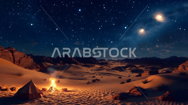 Quiet night atmosphere in front of a firewood flame in the desert, places of adventure and wild outings, tourist camps in the deserts of the Kingdom of Saudi Arabia, enjoyable youth camping atmosphere, nature and soft golden sands, a view of the starry sky at night