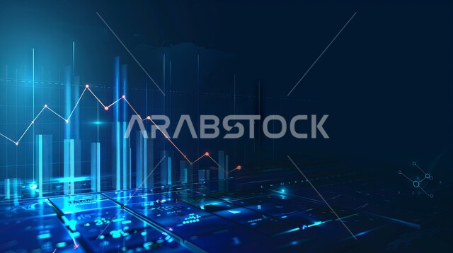 رسوم بيانية إحصائية للبورصة المالية بتقنية الهولوجرام ثلاثية الأبعاد، تطوير الشركات والمشاريع الاقتصادية، التجاره الإلكترونيه الرقمية، متابعة مؤشرات الأسهم ومخططات الإستثمار المالي, النمو والتطور في المجال الاقتصادي في السعودية