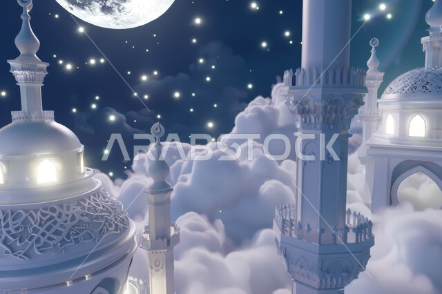 التصاميم العصرية على الطراز الحديث والمتطور لبناء المساجد في المملكة العربية السعودية, مجسم ثلاثي الابعاد لمبنى مسجد باللون الأبيض بين الغيوم الكثيفة, خلفية البدر المنير في السماء المرصعة بالنجوم، خلفيات  دينية إسلامية