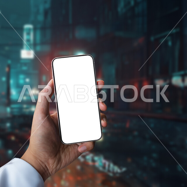 استخدام التكنولوجيا المتطورة للتسويق الرقمي الإلكتروني وعروض الإعلانات التسويقية، عرض تطبيقات و خدمات الهاتف المحمول، صورة مقربة ليد رجل عربي خليجي سعودي يمسك بيده جهاز الجوال بشاشة بيضاء فارغة