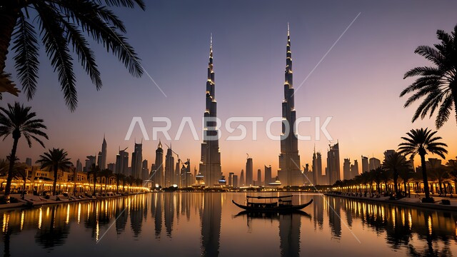 Architectural engineering art of buildings and facilities overlooking the sea, towers, hotels and skyscrapers in the United Arab Emirates, urban growth and development on the coast of the Arabian Gulf, traditional boats sailing in the waters at sunset, famous tourist places and landmarks in Dubai