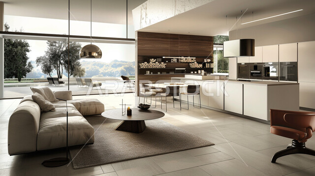 واجهة زجاجية مطلة على الطبيعة الخضراء، ديكورات الشقق السكنية، أثاث منزلي راقي باللون الابيض، غرفة معيشة بتصاميم عصرية، تصميم داخلي فاخر لغرف الجلوس