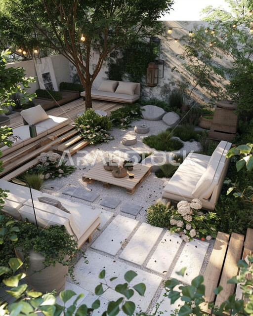 جلسات صيفية راقية بأثاث أبيض راقي، تصاميم عصرية حديثة لجلسة خارجية، الاهتمام في زراعه الاشجار والنباتات الخضراء في حديقة مجمع سكني فاخر, الفن الهندسي المعماري للشقق و الفلل السكنية